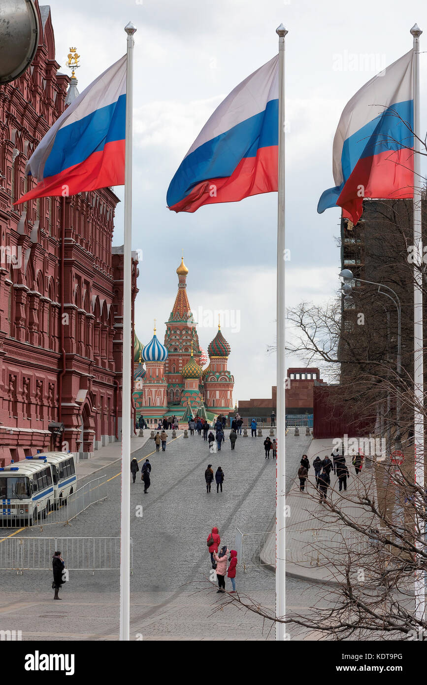 Russian flags under Red Square in Moscow, Russia. Stock Photo