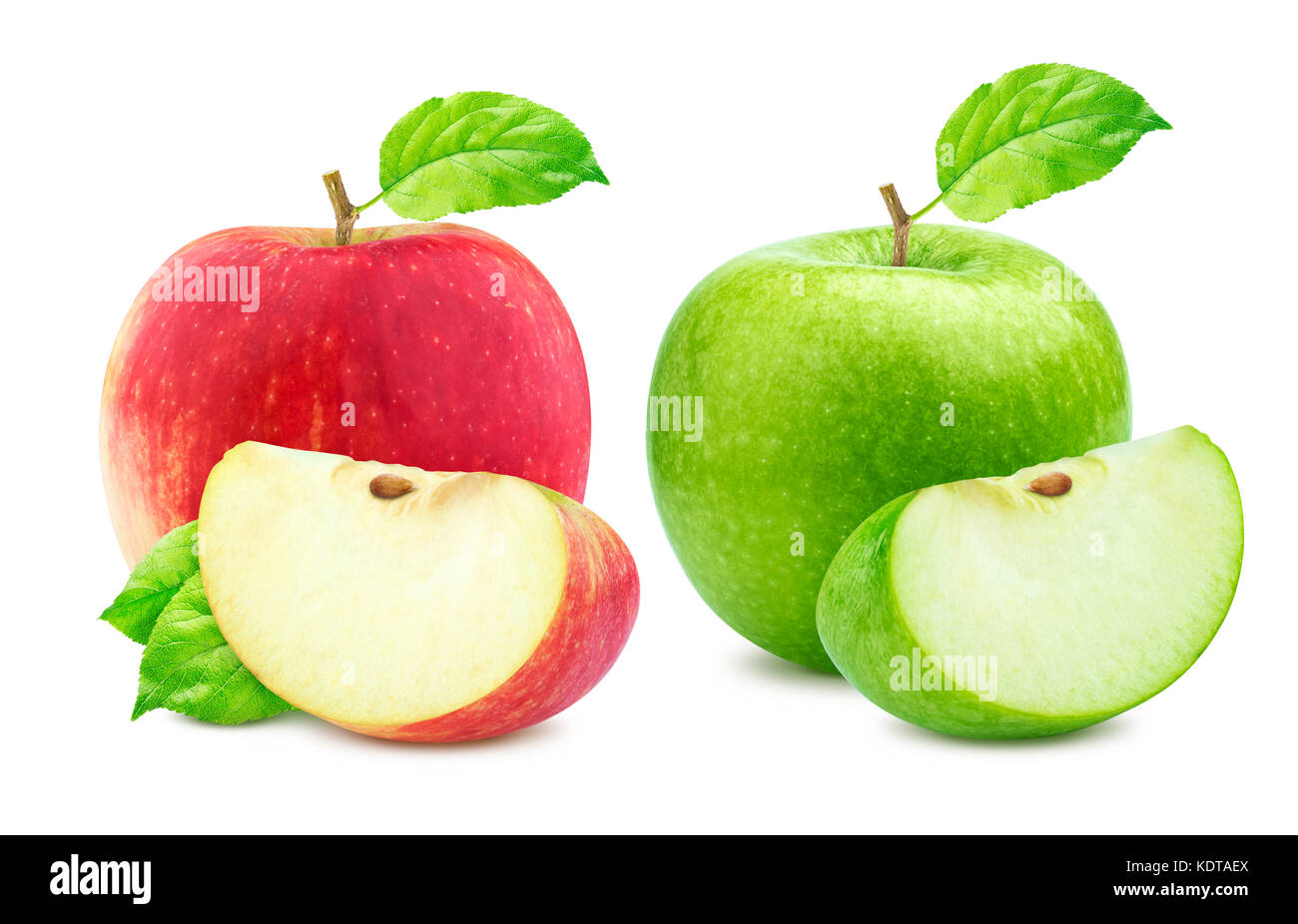 Apple collection. One green and single red apples and quarter piece isolated on white background Stock Photo