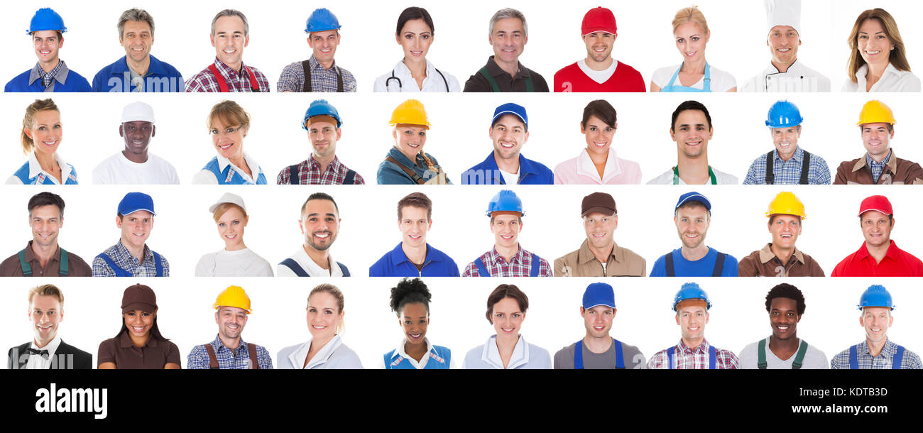 Group Of Professional Workers In A Row On White Background. Doctors, Nurses and Engineers Stock Photo