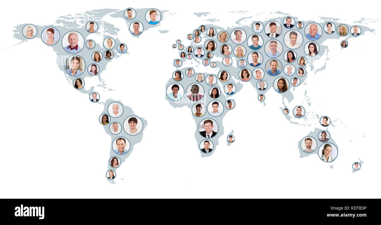 Collage Of Multiethnic People On World Map At White Background. Global Business Concept Stock Photo
