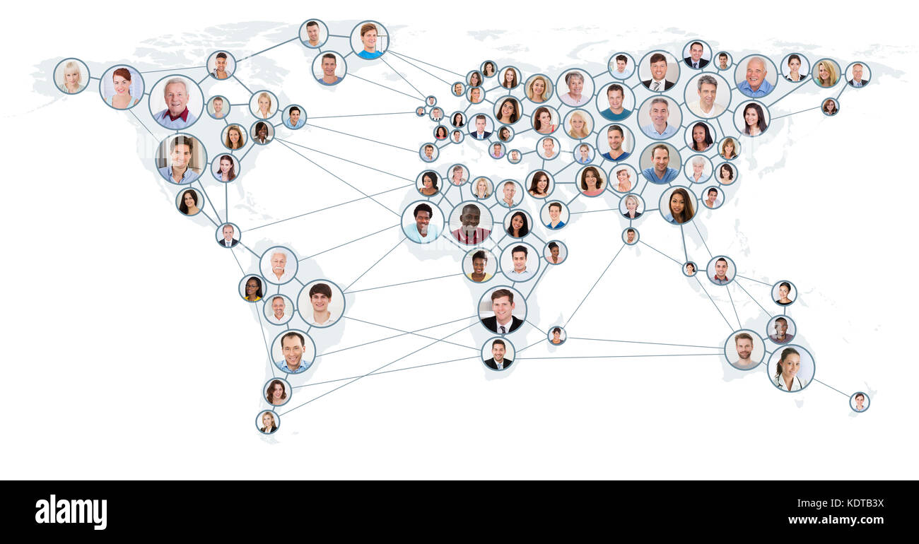 Collage Of People With Network And Communication Concept On World Map. Global Business Concept Stock Photo