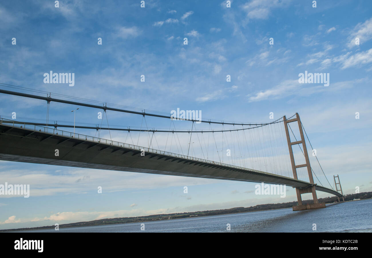 Humber Suspension Bridge, crossing the River Humber Estuary, Between North Lincolnshire and East Yorkshire, England, UK Stock Photo