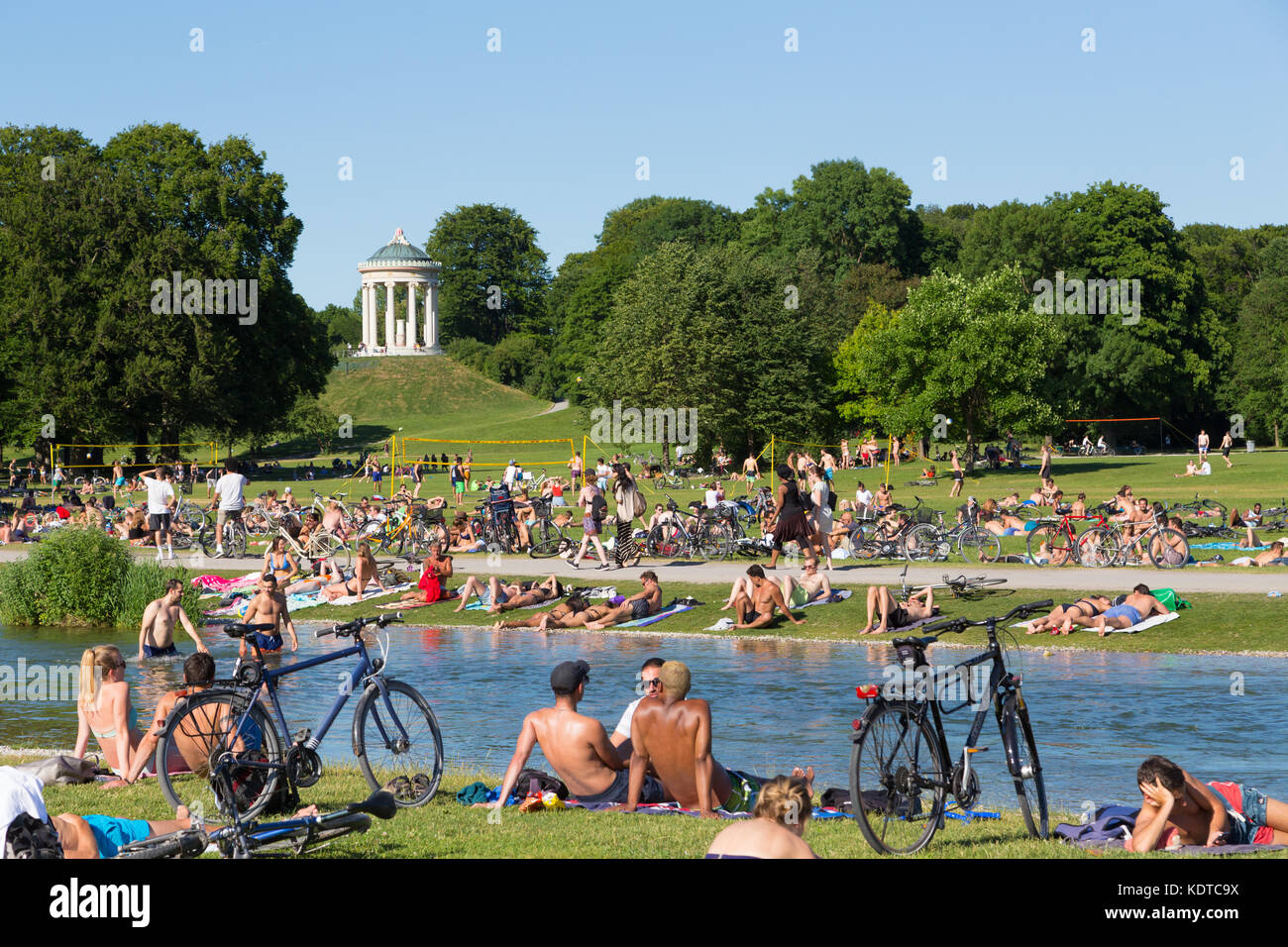 People enjoying the summer day in Englischer Garten city park in Munich, Germany. Stock Photo