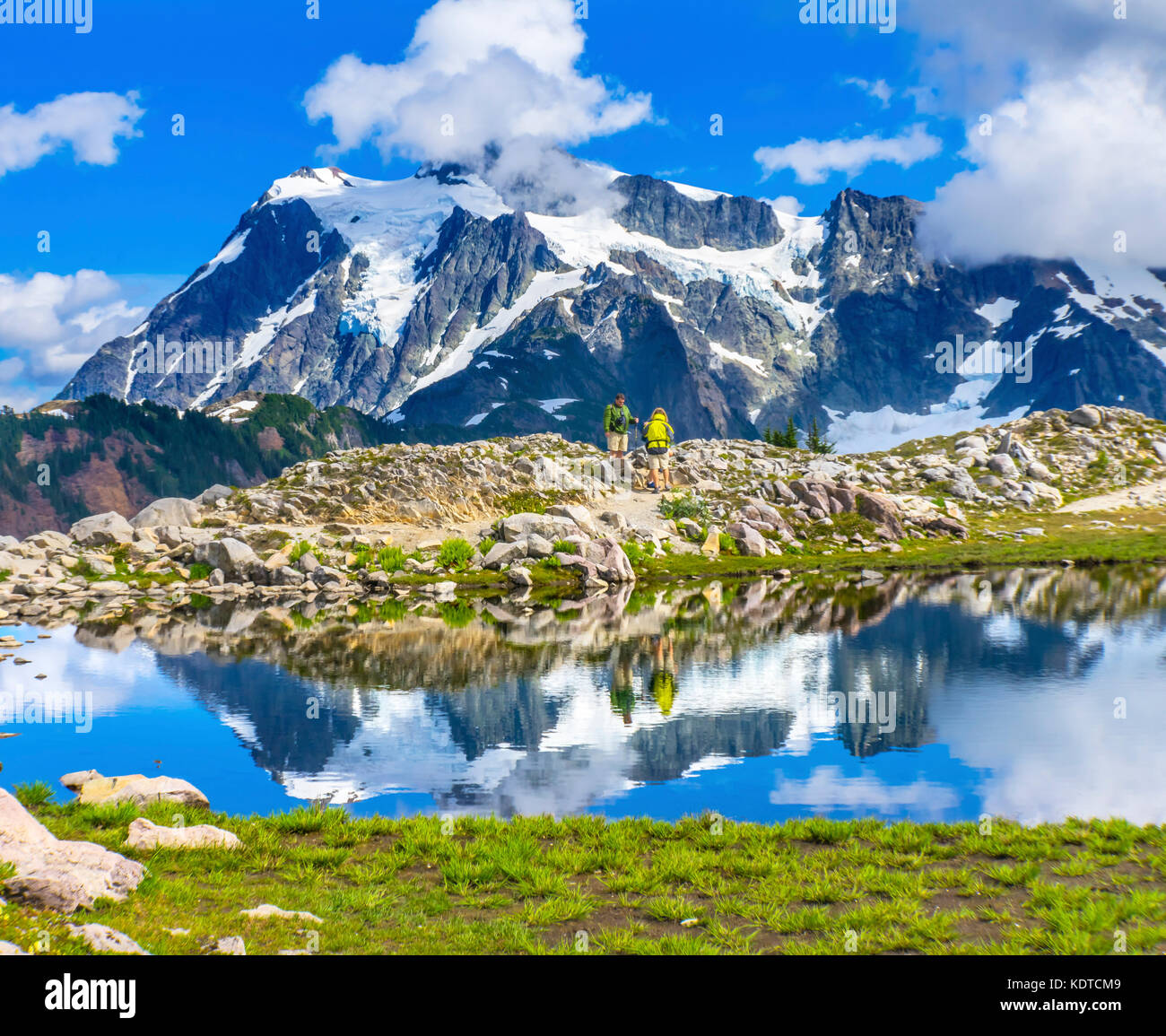 Hikers Mount Shuksan Pool Reflection Summer Artist Point Mount Baker Highway Pacific Northwest Washington State Snow Mountain Grass Trees Stock Photo