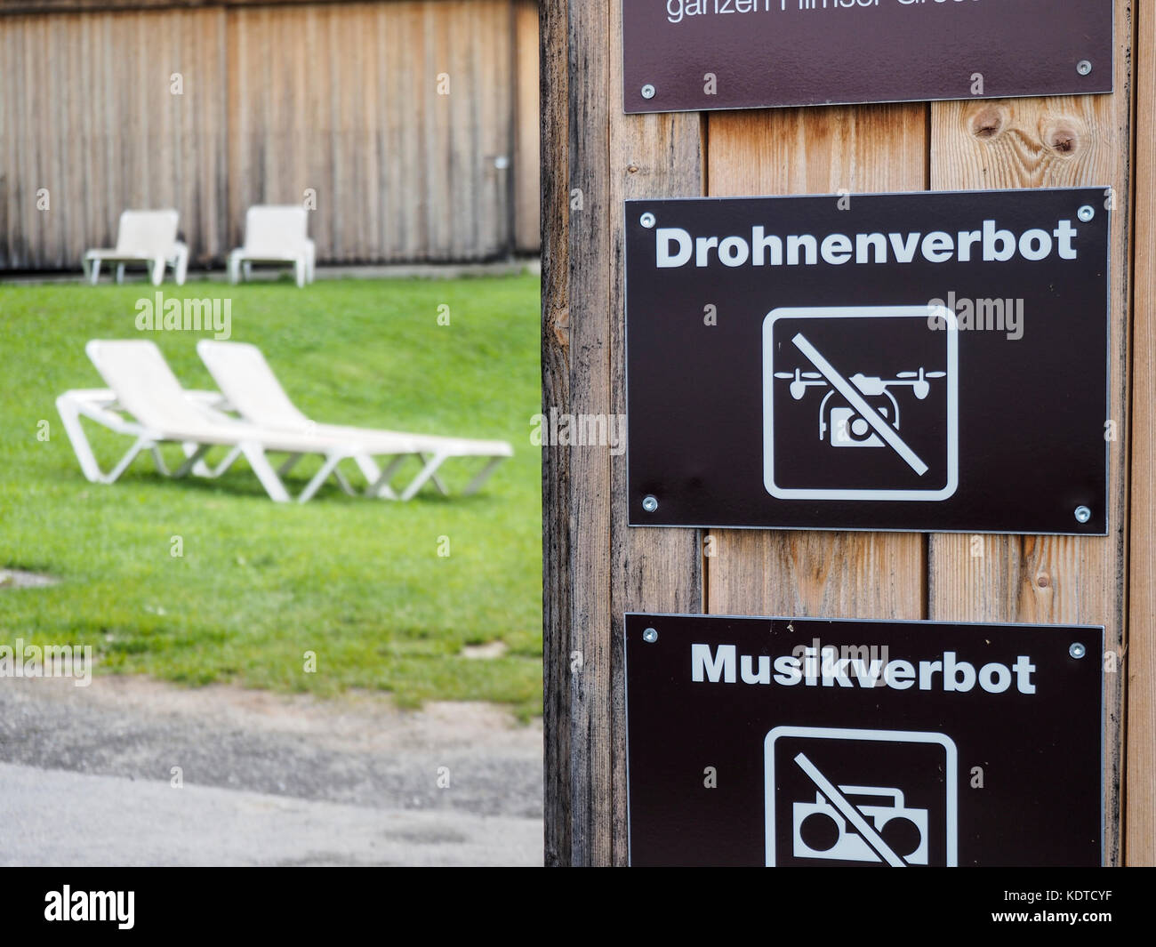Drohnenverbot (German for 'Drones not allowed') sign at a public swimming baths in Switzerland. Stock Photo