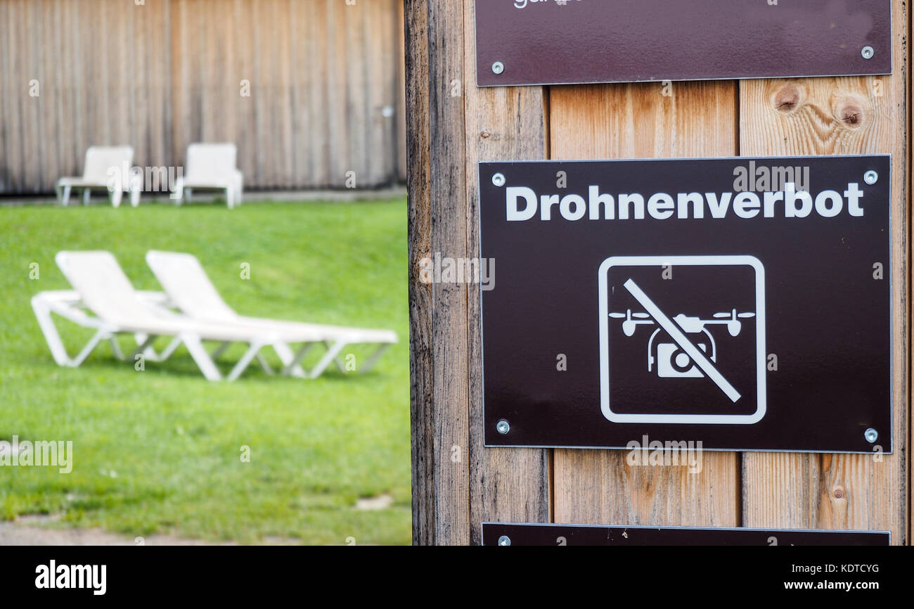 Drohnenverbot (German for 'Drones not allowed') sign at a public swimming baths in Switzerland. Stock Photo