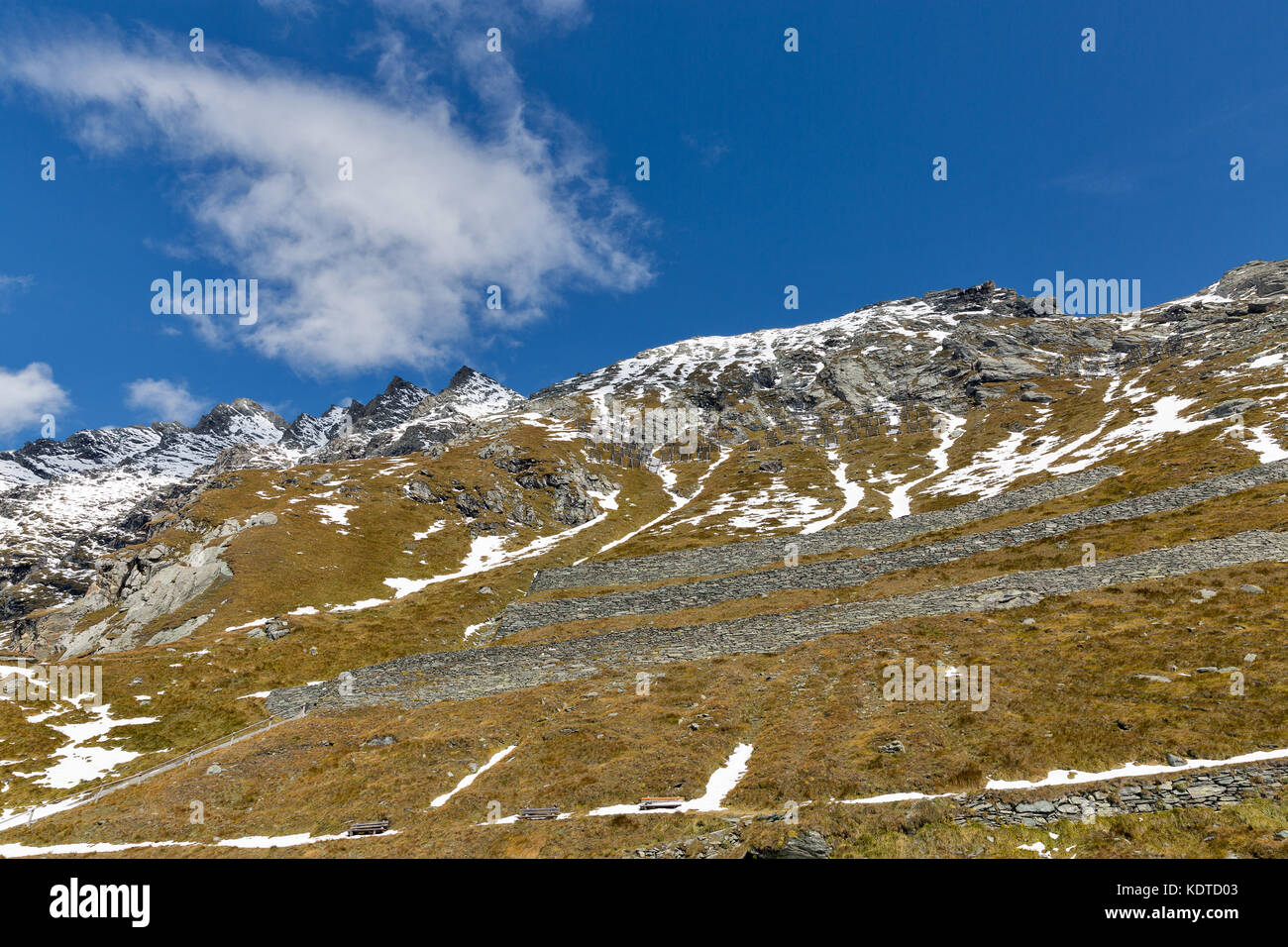 Mountain side with path on Kaiser Franz Joseph glacier. Grossglockner High Alpine Road in Austrian Alps. Stock Photo