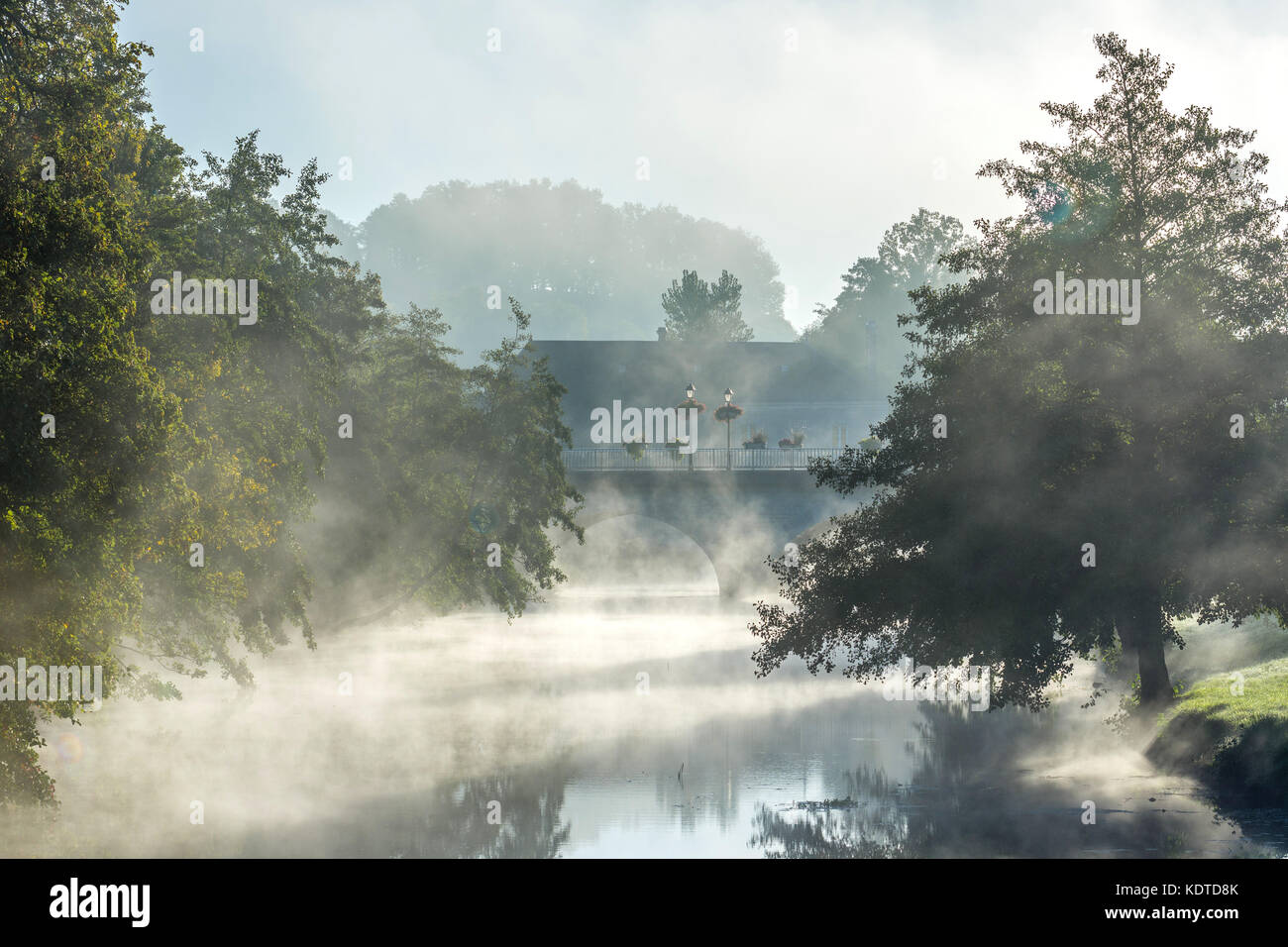 Early-morning mist on river Claise, Preuilly-sur-Claise, France. Stock Photo