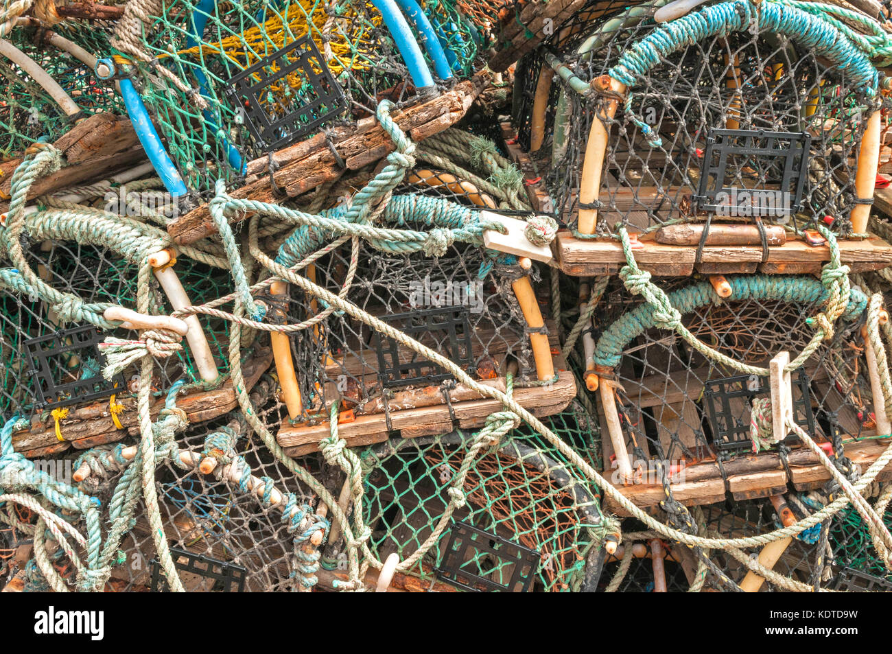 Stack of lobster crab pot's traps, seafood, fishing industry, healthy