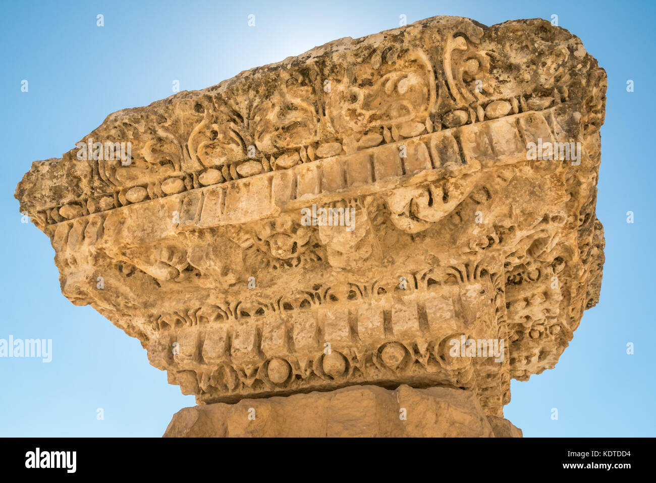 Close up detail of ruined stone carvings, Roman city of Jerash, ancient Gerasa, archeological site in northern Jordan, Middle East Stock Photo