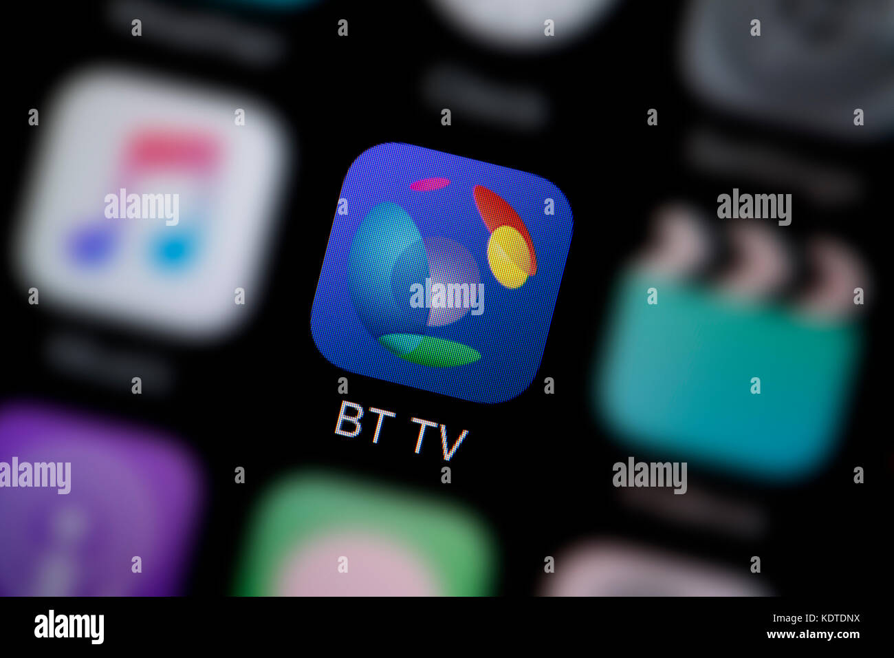 A close-up shot of the logo representing the BT TV app icon, as seen on the screen of a smart phone (Editorial use only) Stock Photo