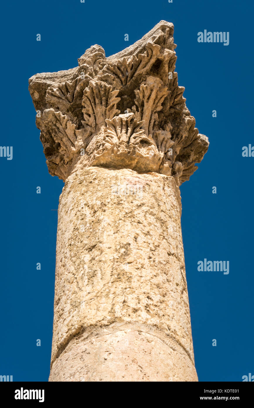 Single Corinthian column with acanthus leaf decoration, Roman city of Jerash, ancient Gerasa, archeological site, Jordan, Middle East Stock Photo