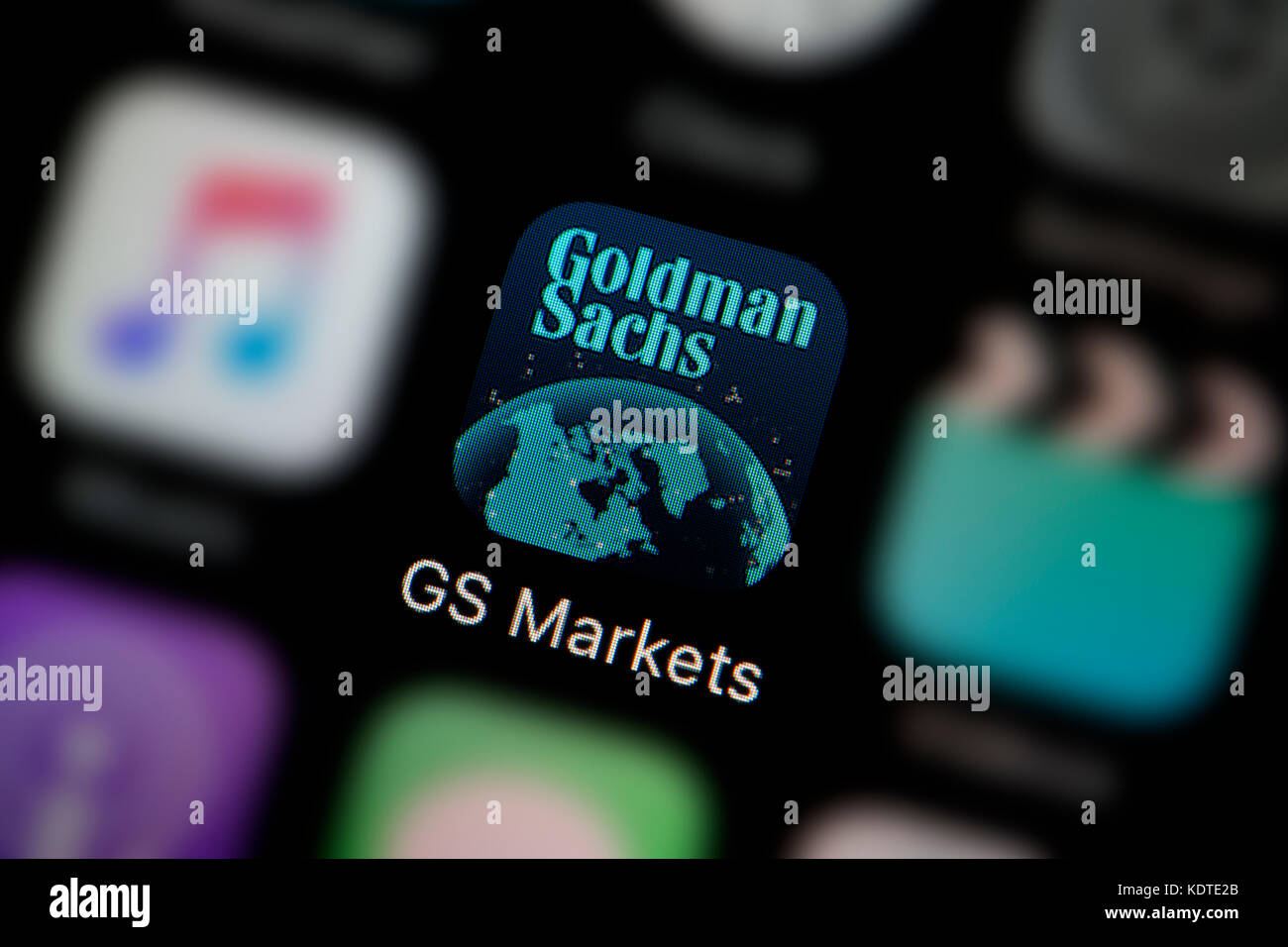 A close-up shot of the logo representing the Goldman Sachs Markets app icon, as seen on the screen of a smart phone (Editorial use only) Stock Photo