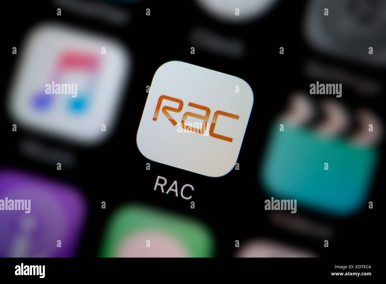 A close-up shot of the logo representing the RAC app icon, as seen on the screen of a smart phone (Editorial use only) Stock Photo