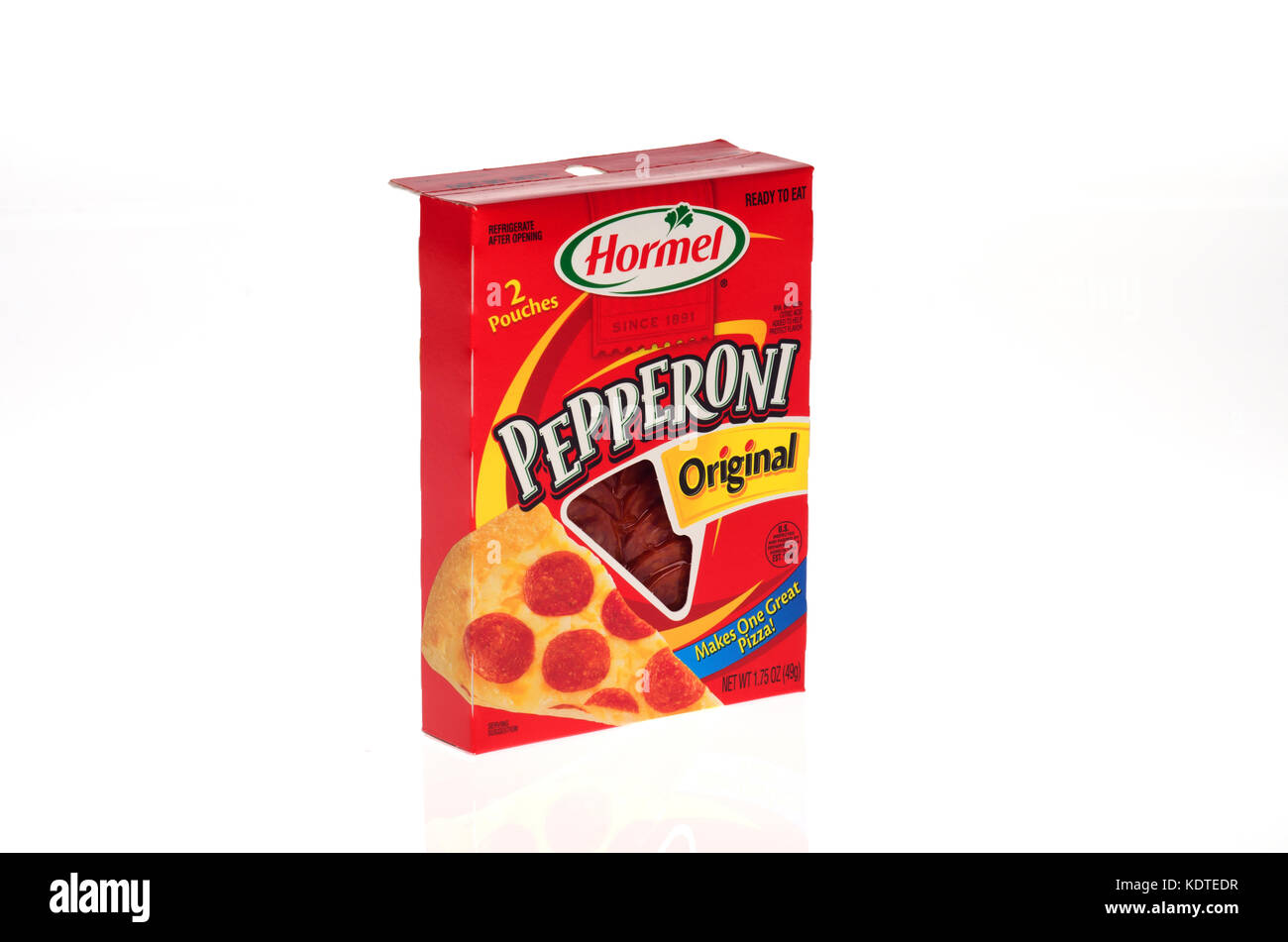 Package of the Original Hormel Pepperoni on white background cutout. Stock Photo
