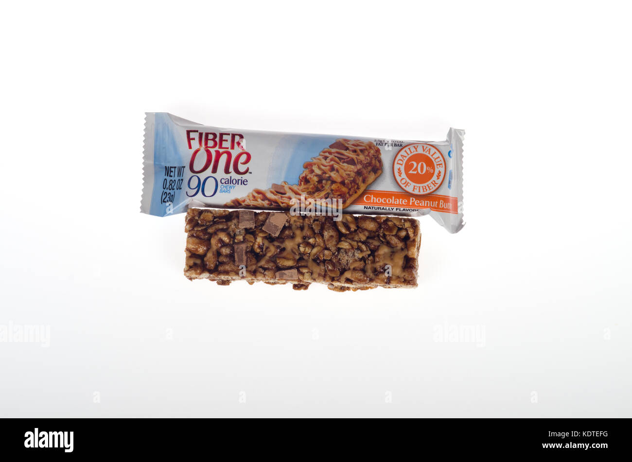 Fiber One Chocolate Peanut snack bar with packaging on white background cutout USA Stock Photo