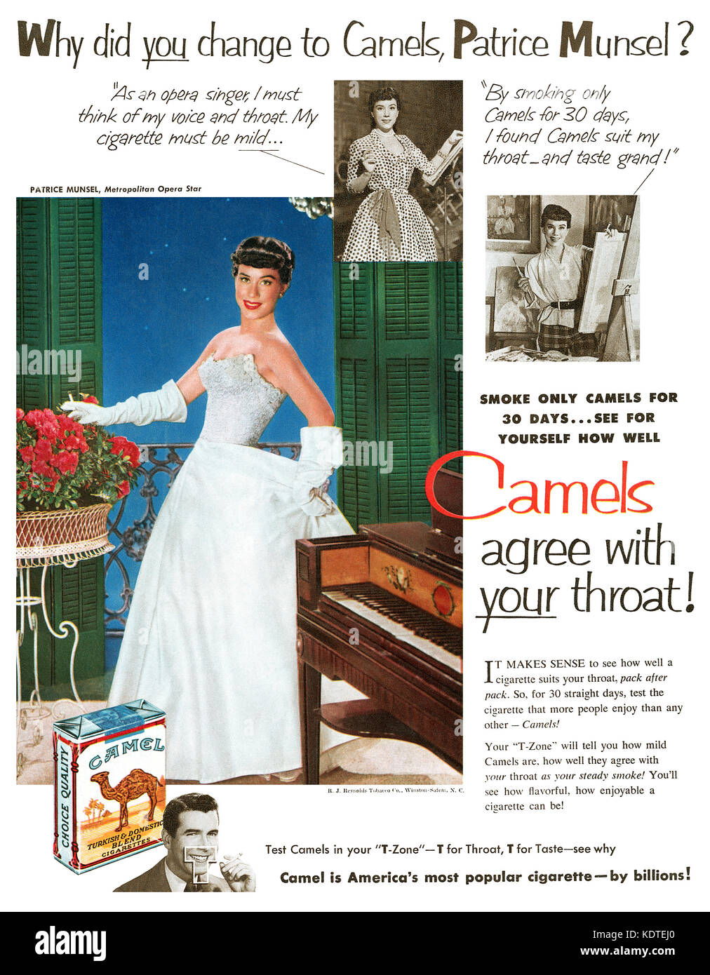 1952 U.S. advertisement for Camel Cigarettes, featuring opera singer Patrice Munsel. Stock Photo