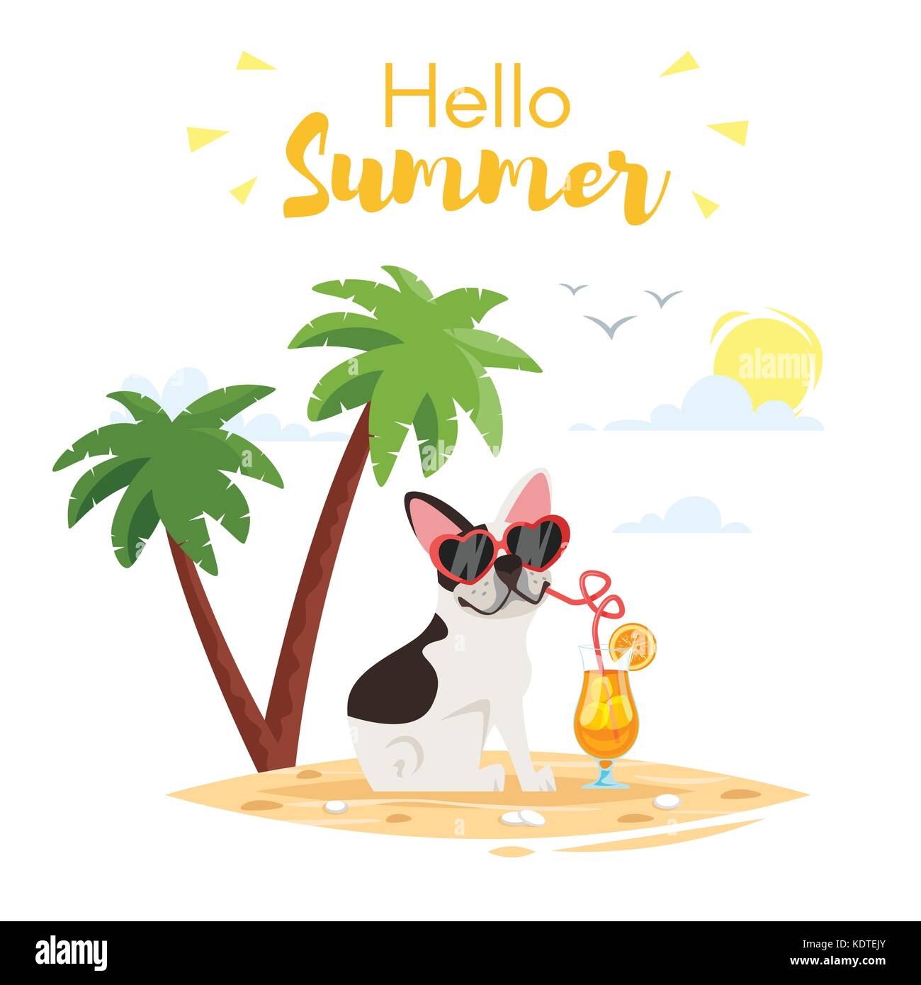 Vector cartoon style illustration of bulldog on an island with palm trees. Isolated on white background. Template for print. Title 'Hello summer'. Stock Vector
