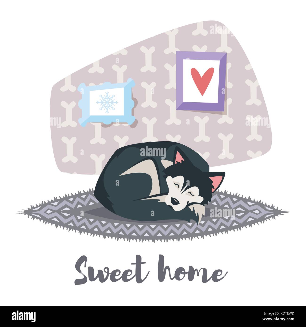 Vector cartoon style illustration of cute husky dog sleeping on the carpet. 'Sweet home' title. Stock Vector