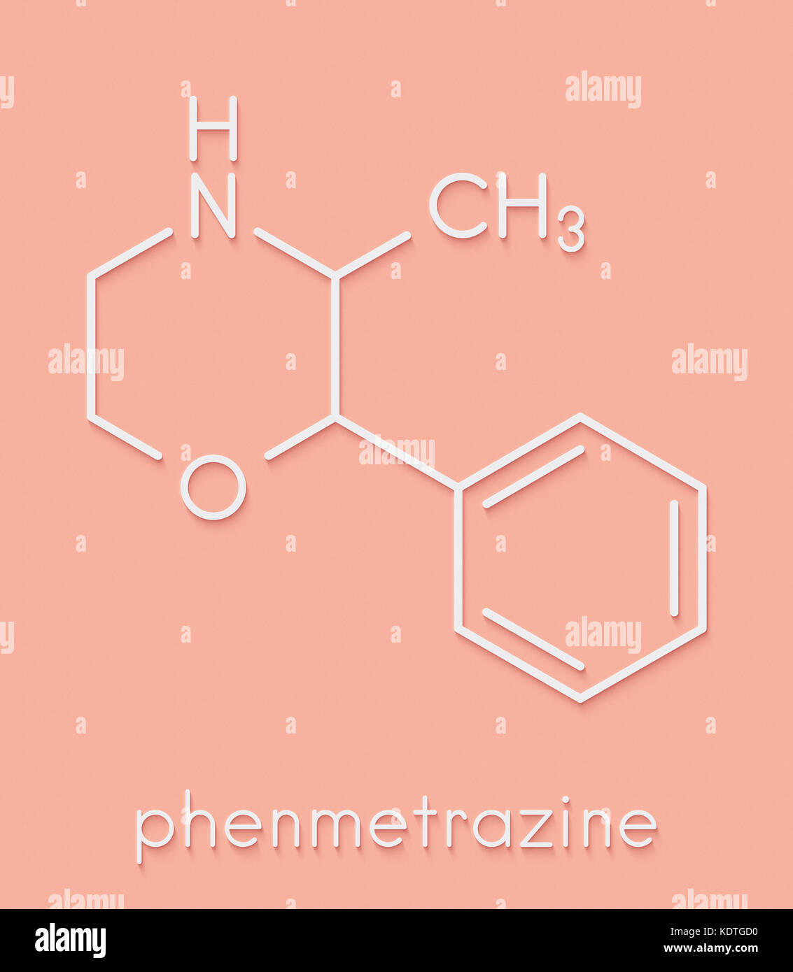 Phenmetrazine stimulant drug molecule (amphetamine class). Used as stimulant and appetite suppressant. Skeletal formula. Stock Photo