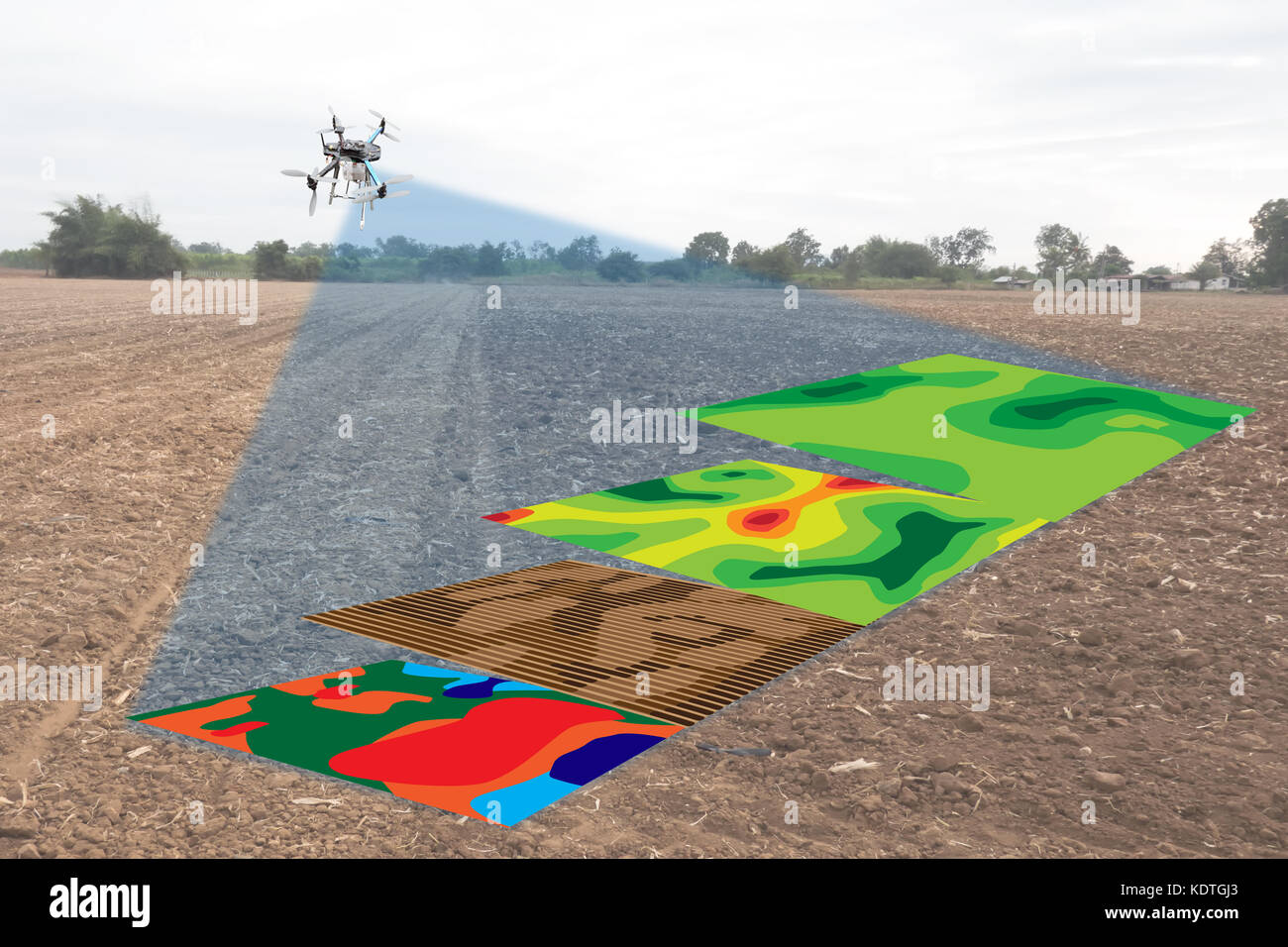 smart agriculture concept, farmer use infrared in drone with high definition soil mapping while planting,conduct deep soil scan during a tillage pass  Stock Photo