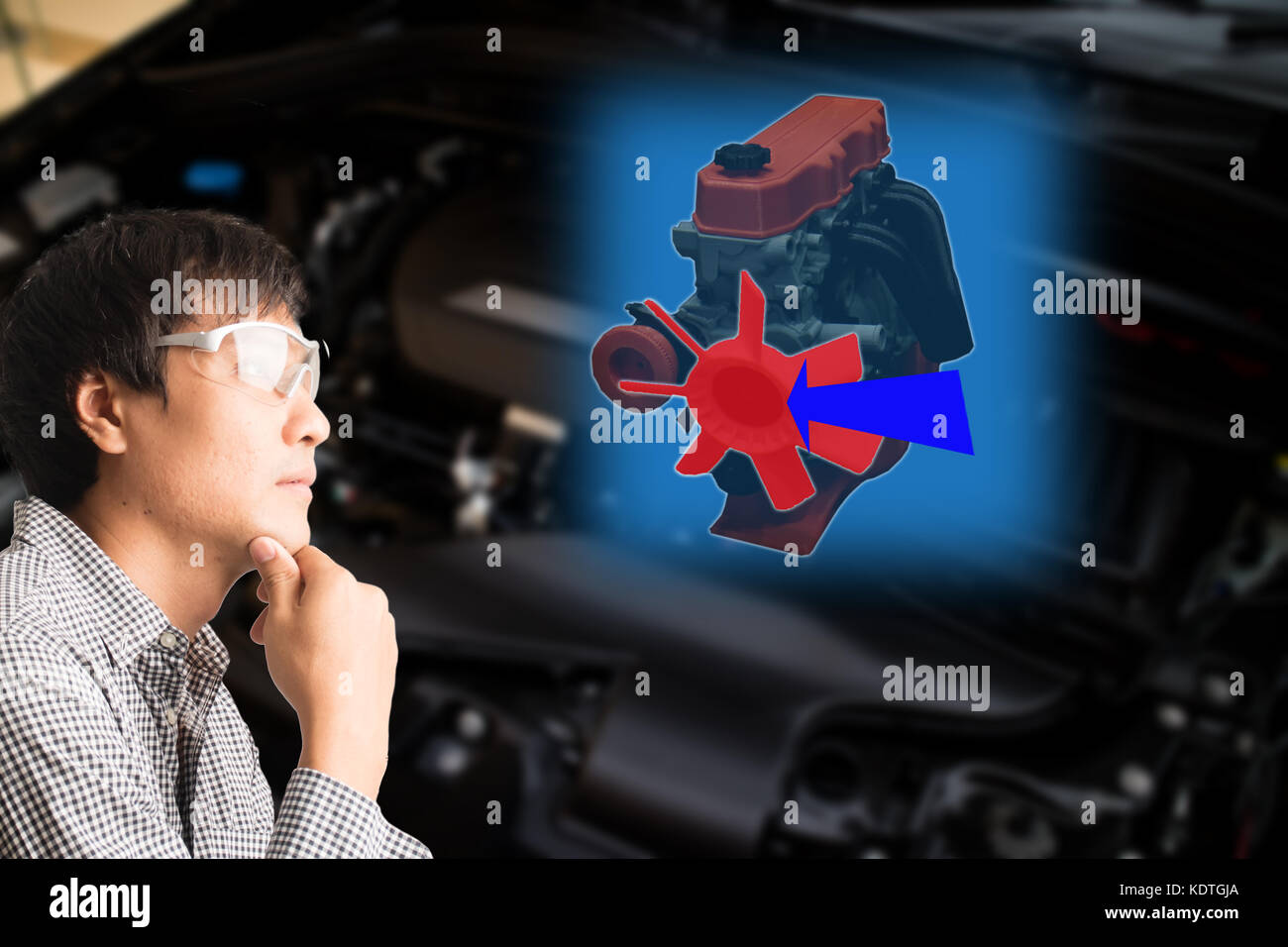 smart technology in augmented reality concept, engineer use glasses to show 3d ar and  analysis the problem or error  of the engine and solve how to g Stock Photo
