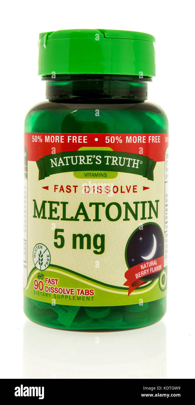 Winneconne, WI - 12 October 2017: A bottle of Nature's Truth melatonin on an isolated background. Stock Photo