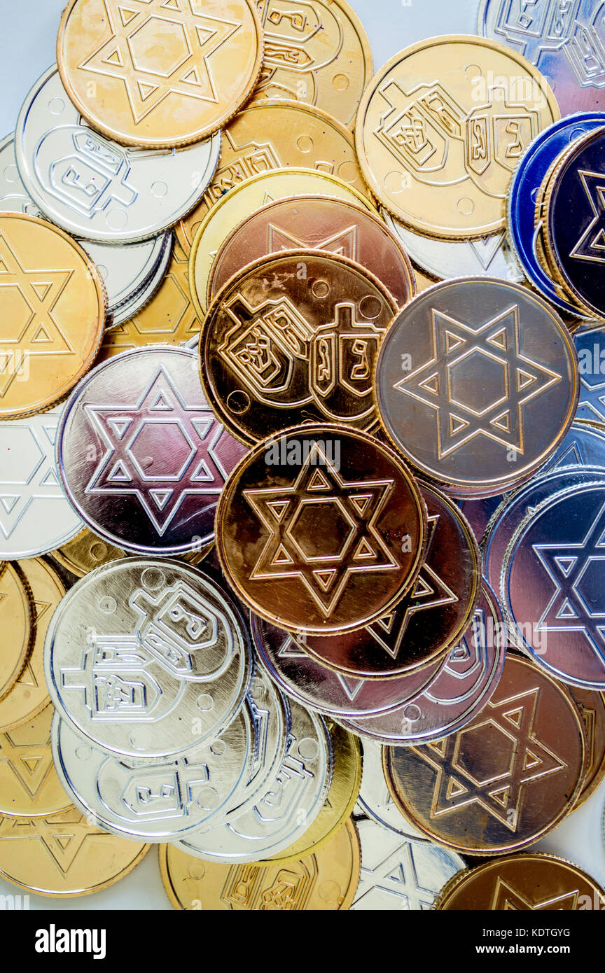 background texture close up of colorful Hanukkah coins Stock Photo - Alamy