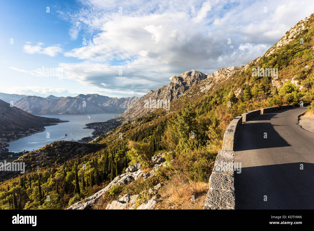 Mountain road above the Kotor bay and old town in Montenegro in the Balkans, Southeastern Europe Stock Photo