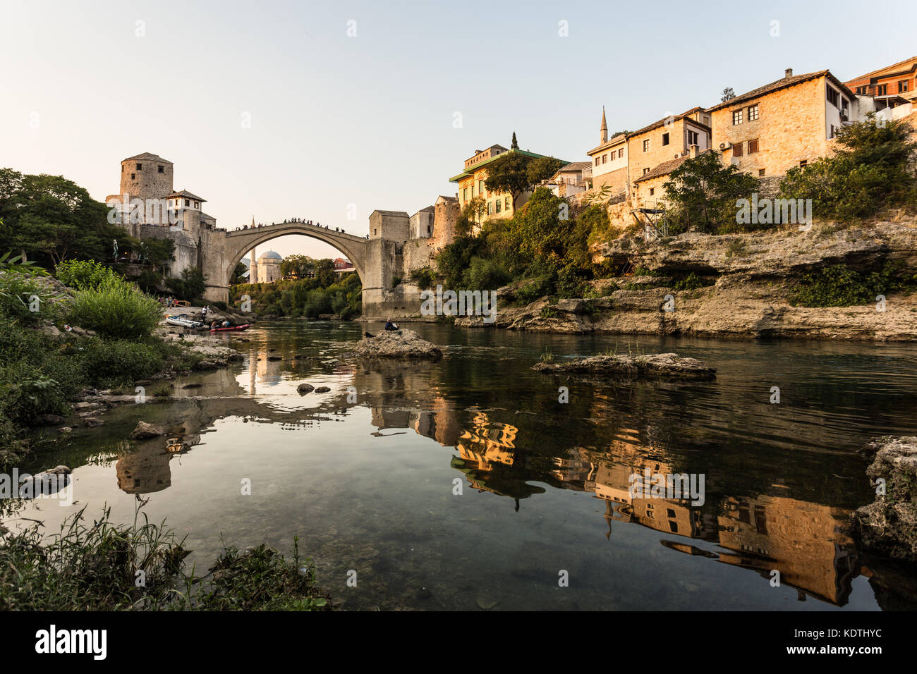 Sunset over the famous bridge in Mostar in Bosnia and Herzegovina in the Balkans in South Eastern Europe Stock Photo