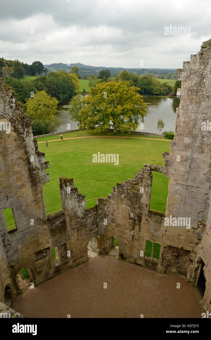 View of Lake from Old Wardour Castle, near Salisbury in Wiltshire, UK.  Autumn, overcast, cloudy skies Stock Photo