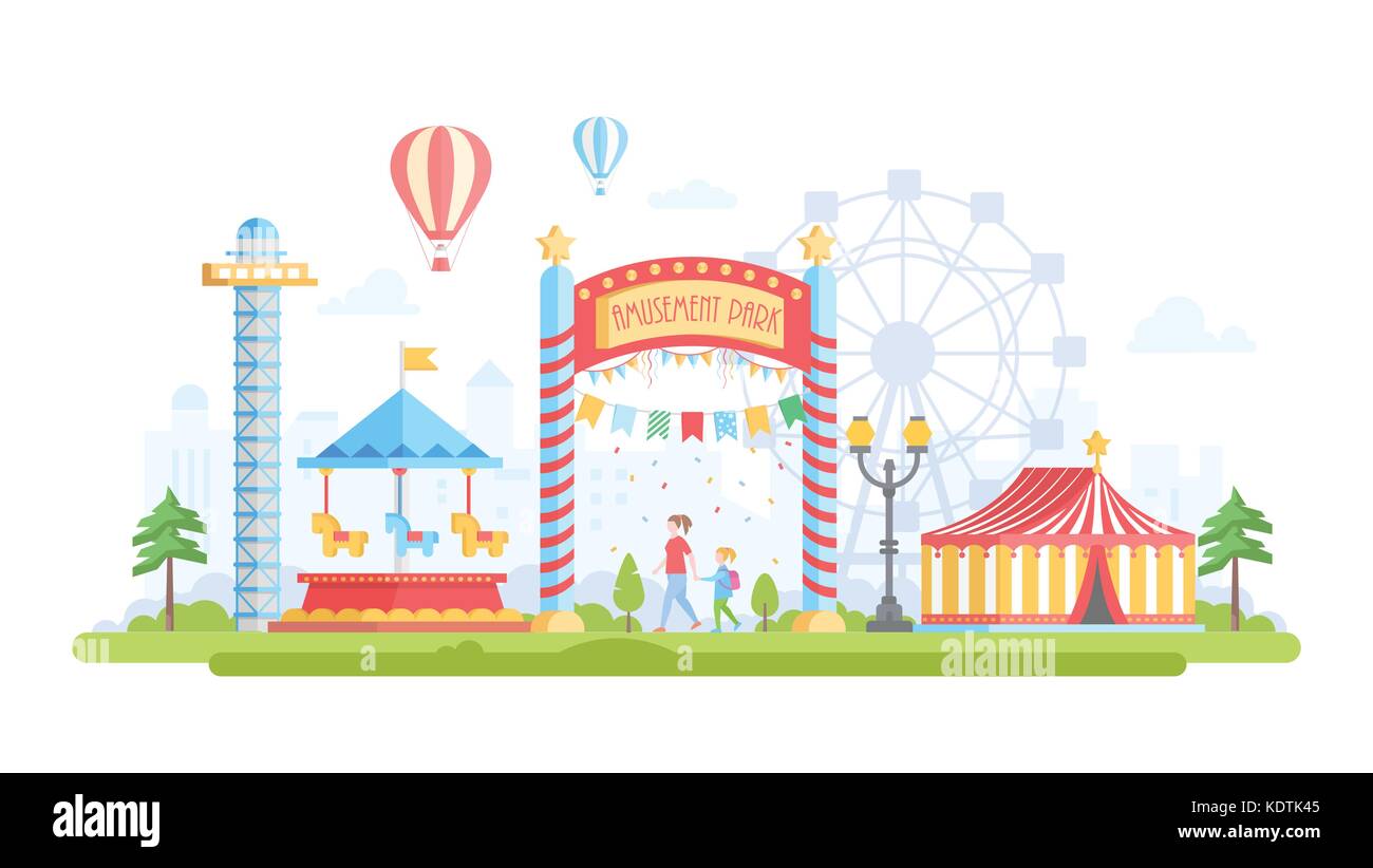 City with amusement park - modern flat design style vector illustration ...
