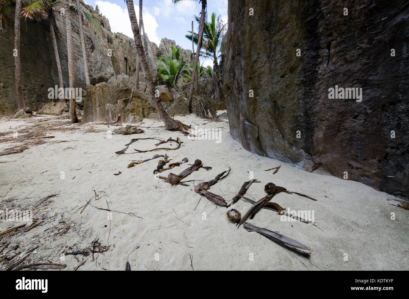 Love Niue written with driftwood, Togo, Niue, South Pacific Stock Photo