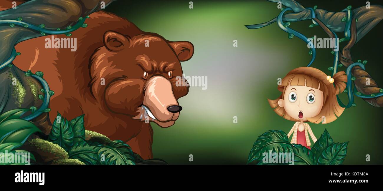Big bear and little girl in the woods illustration Stock Vector Image ...