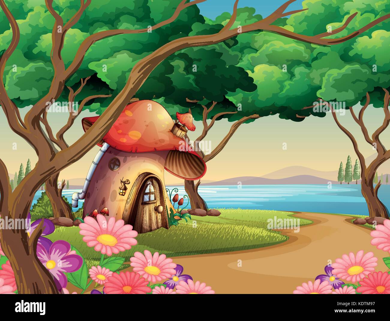 Mushroom house by the lake illustration Stock Vector Image & Art - Alamy