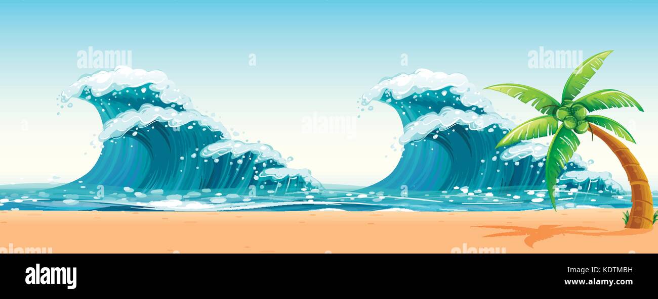 Scene with big waves in the ocean illustration Stock Vector Image & Art ...