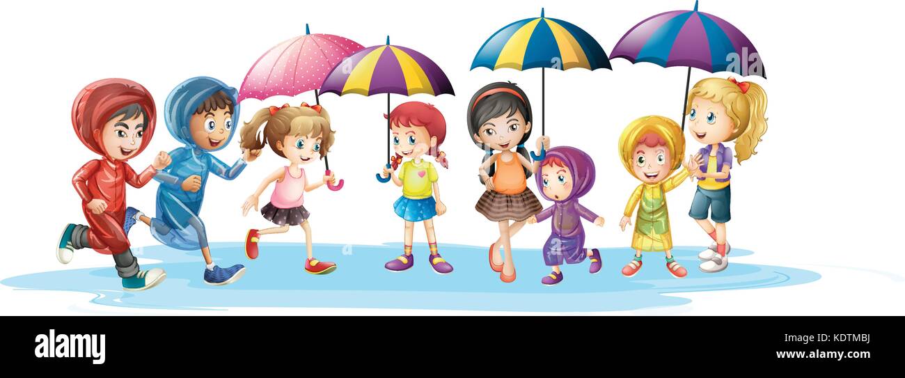 Kids in raincoats and umbrella illustration Stock Vector