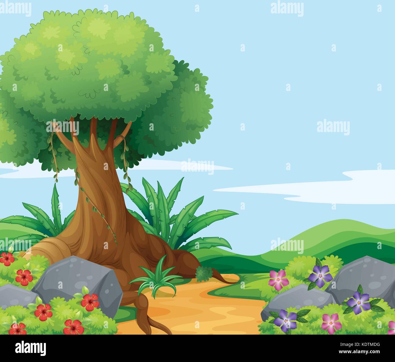 Nature scene with big tree along the track illustration Stock Vector