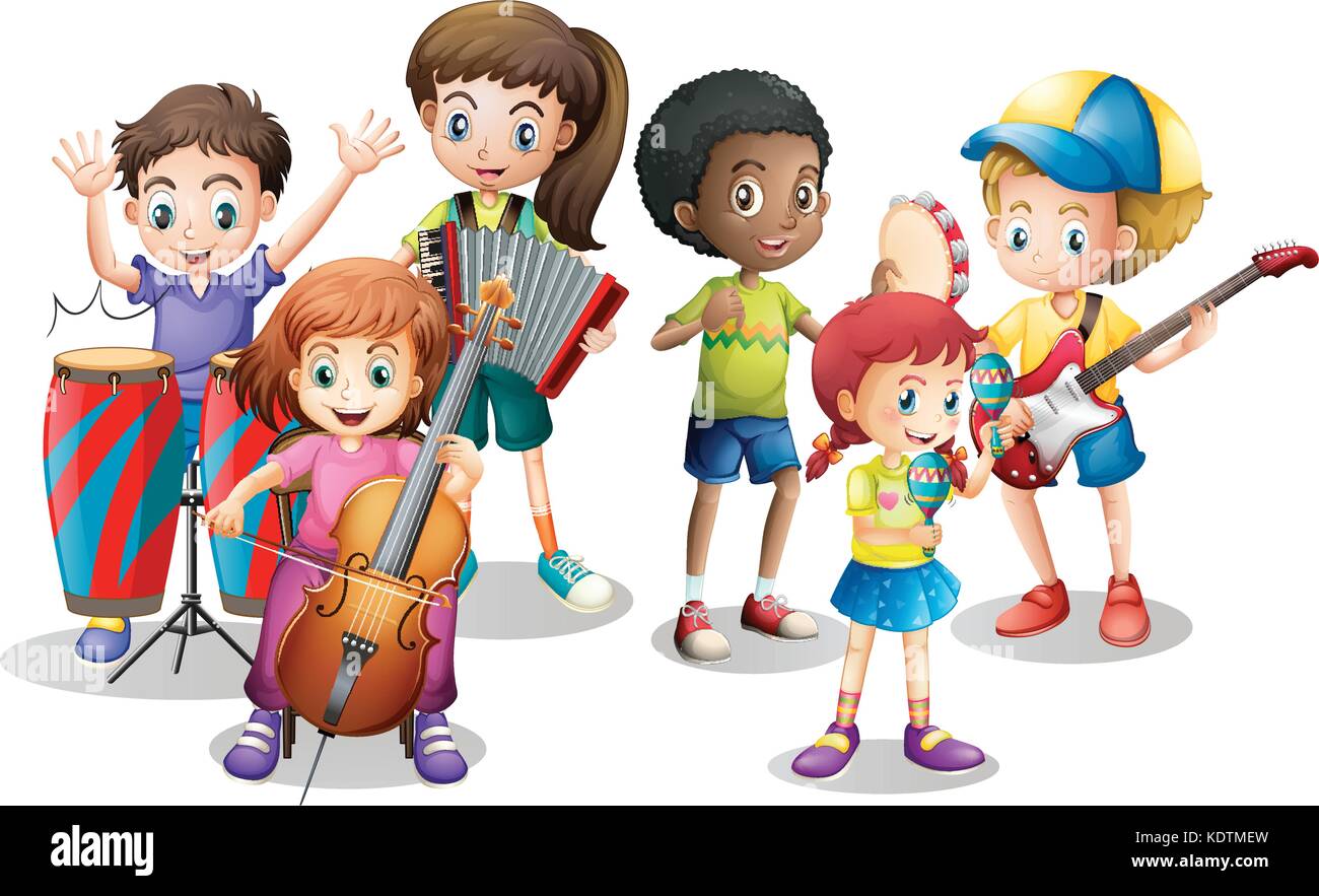 Children in band playing different instruments illustration Stock