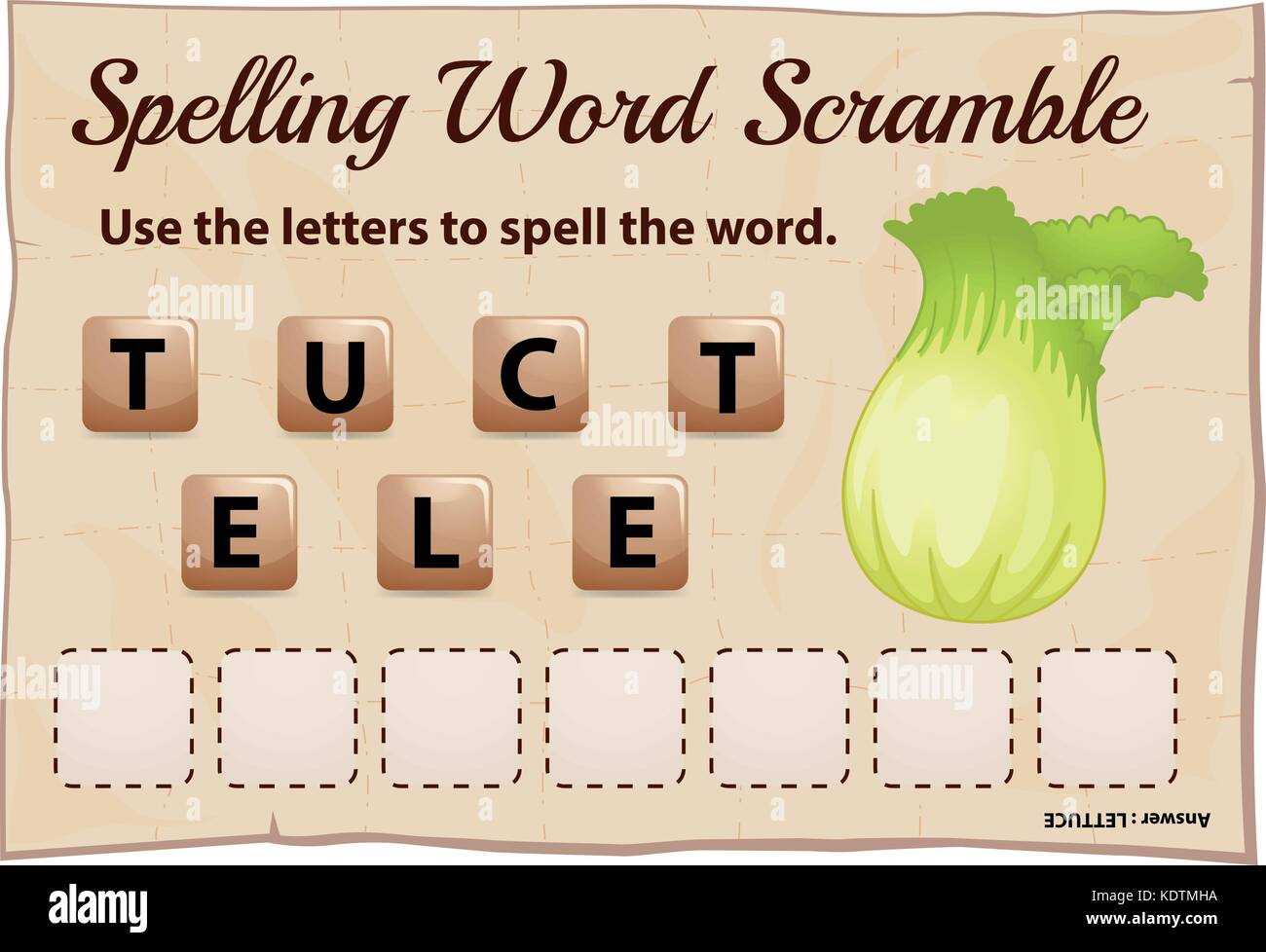 Spelling word scramble game with word lettuce illustration Stock Vector