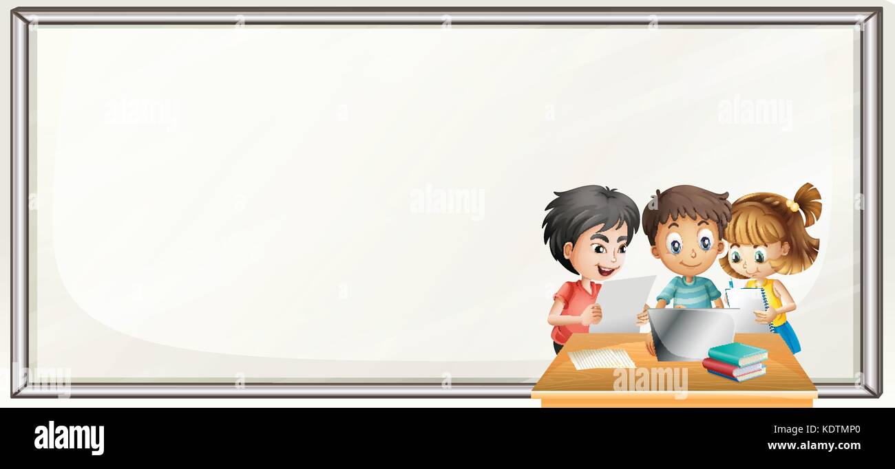Border template with kids doing homework illustration Stock Vector