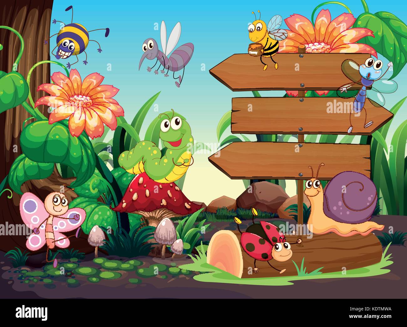 Wooden signs and insects in garden illustration Stock Vector Image ...