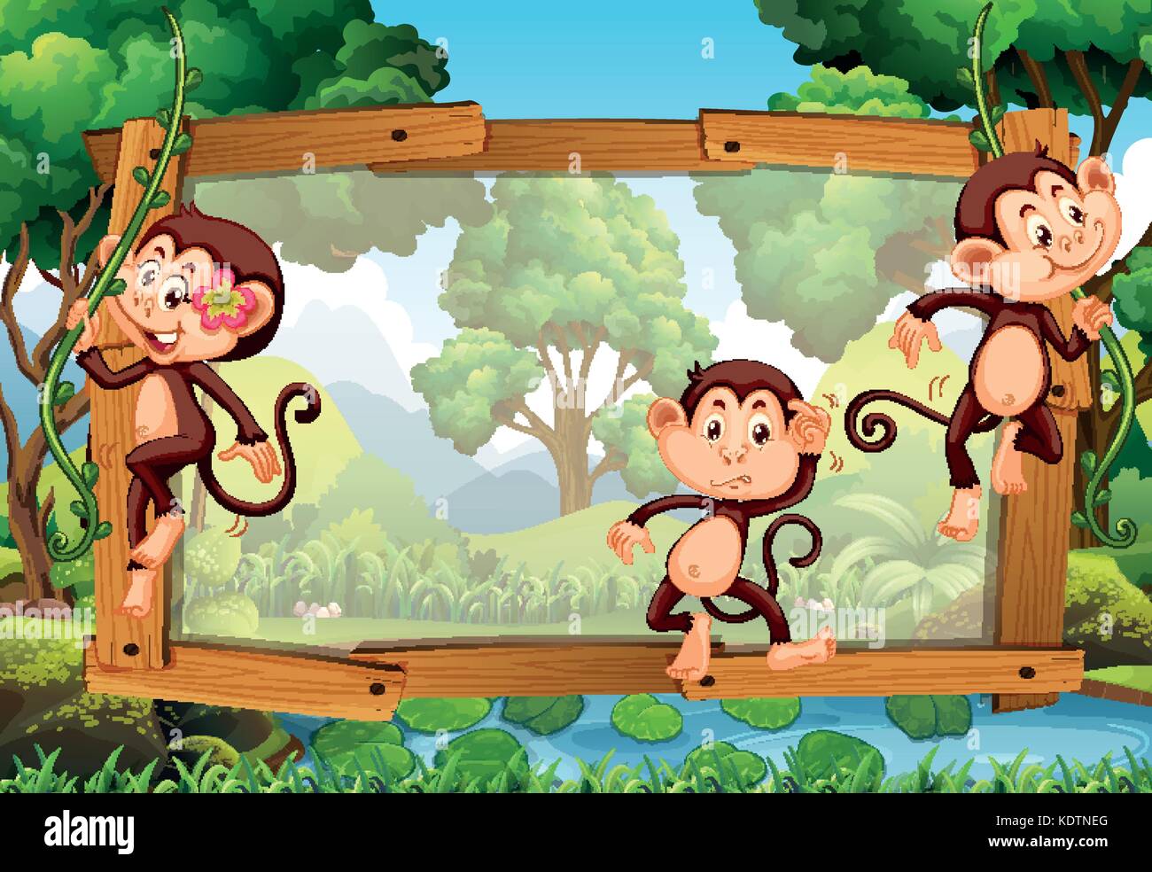 Frame design with three monkeys in the woods illustration Stock Vector ...
