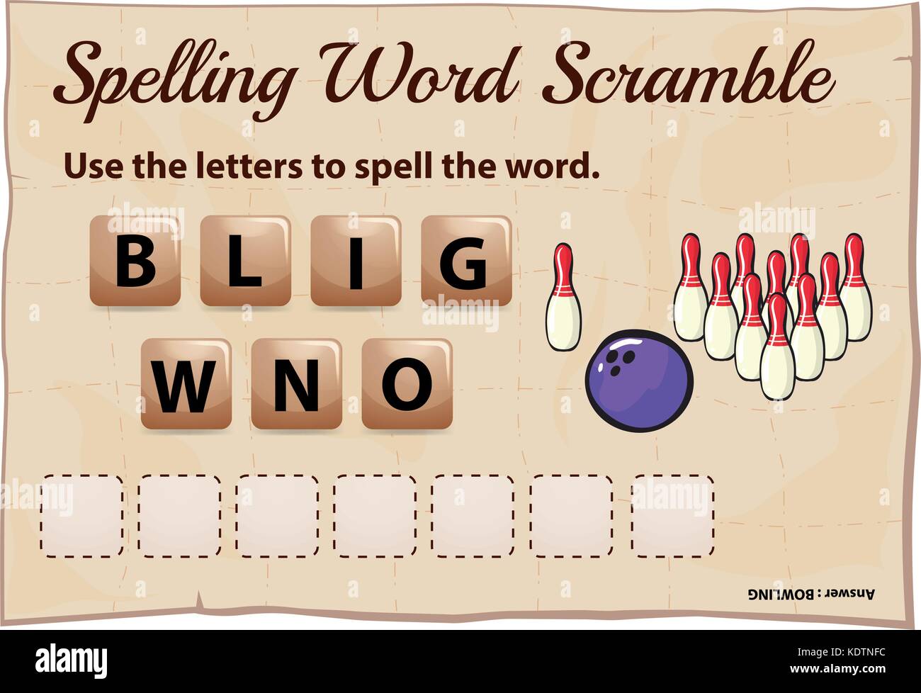 Spelling word game with word bowling illustration Stock Vector Image