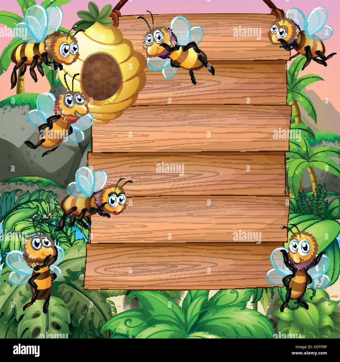 Wooden sign with bee flying in garden illustration Stock Vector Image ...