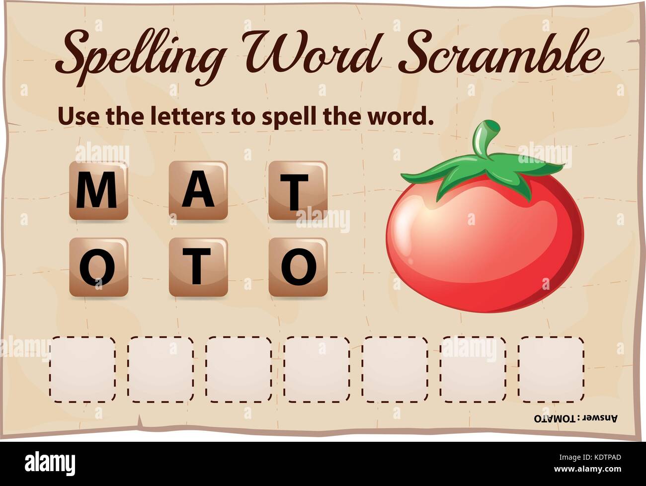 Spelling word scramble template with word tomato illustration Stock