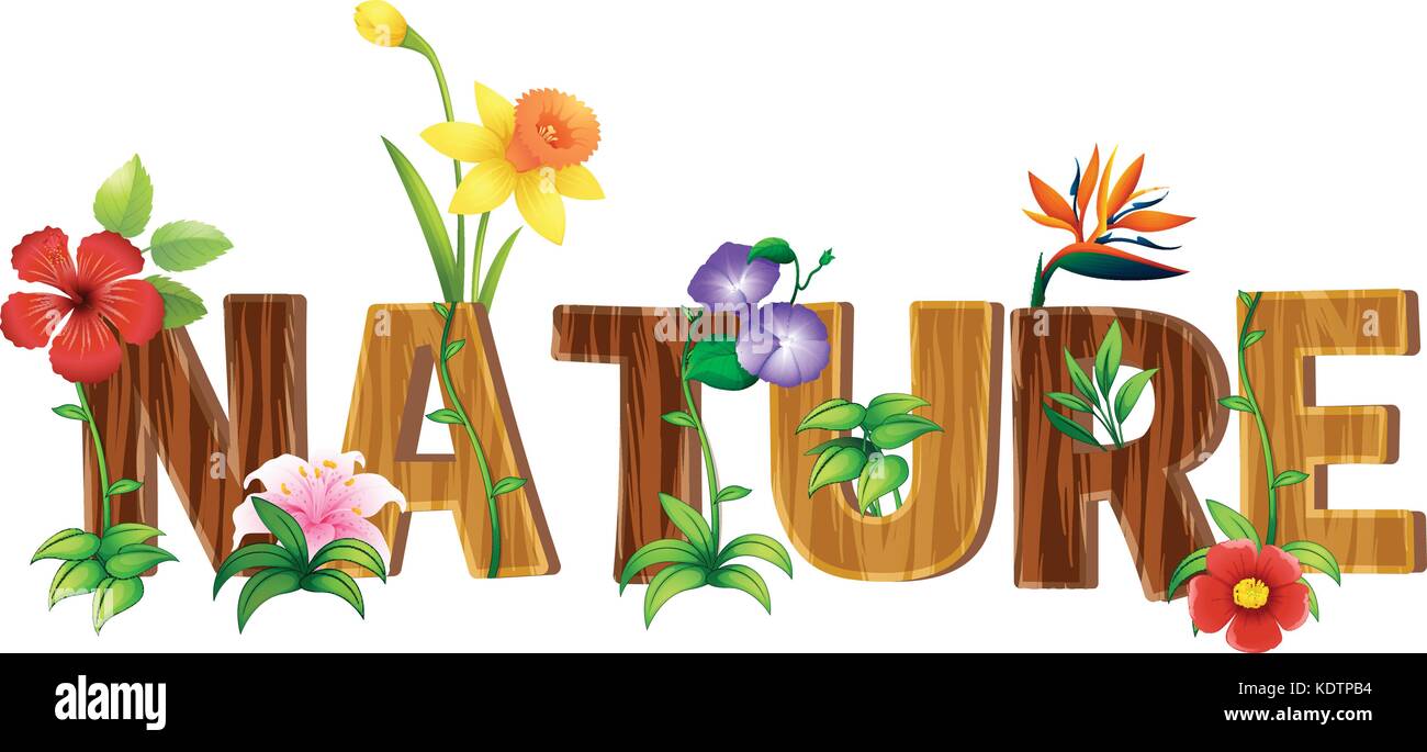 Font design for word nature with different types of flowers ...