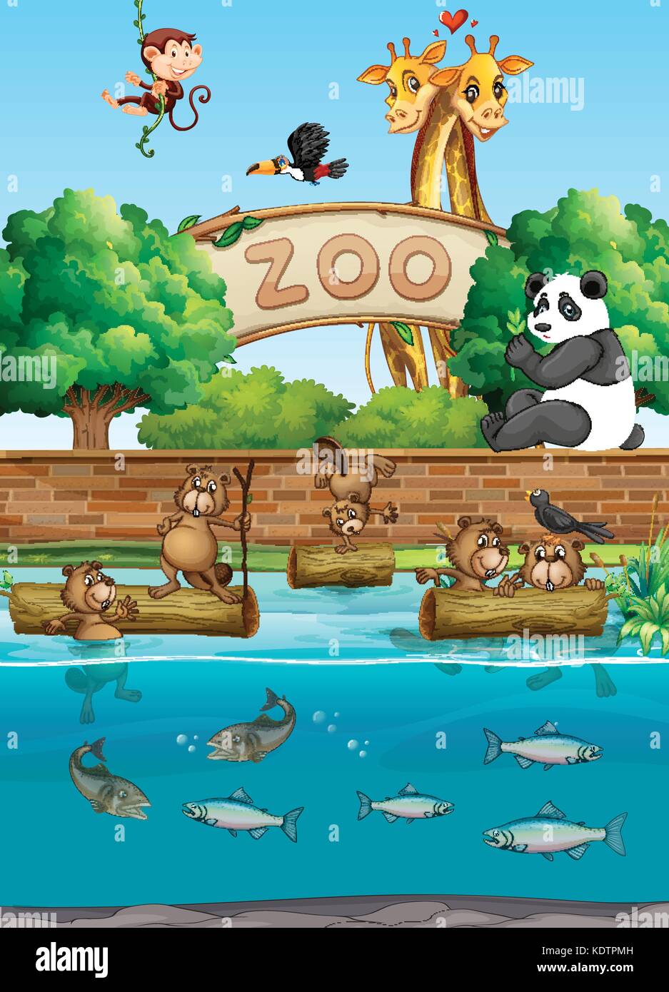 Scene at the zoo with many wild animals illustration Stock Vector Image &  Art - Alamy