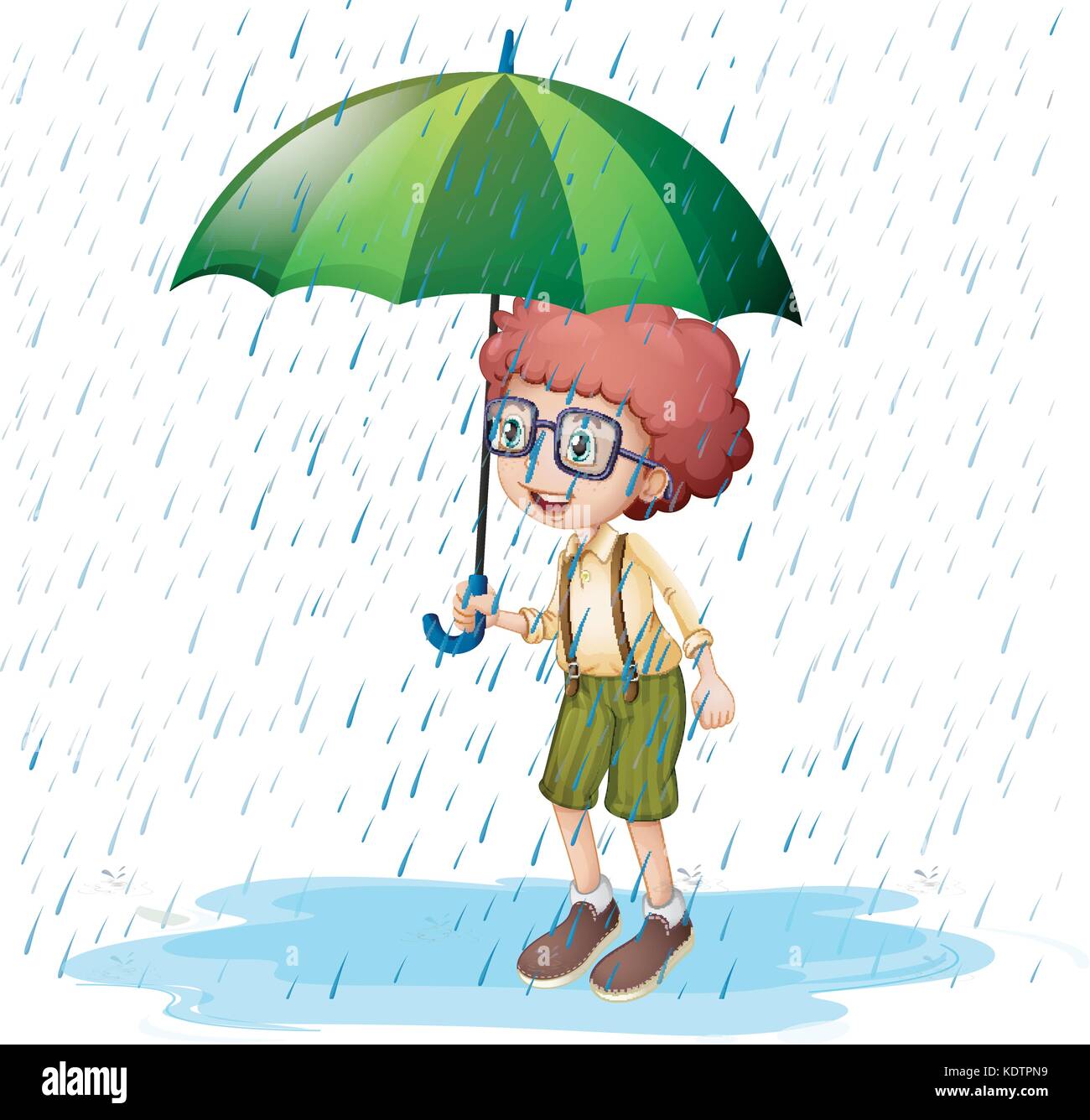 Little boy standing in rain illustration Stock Vector