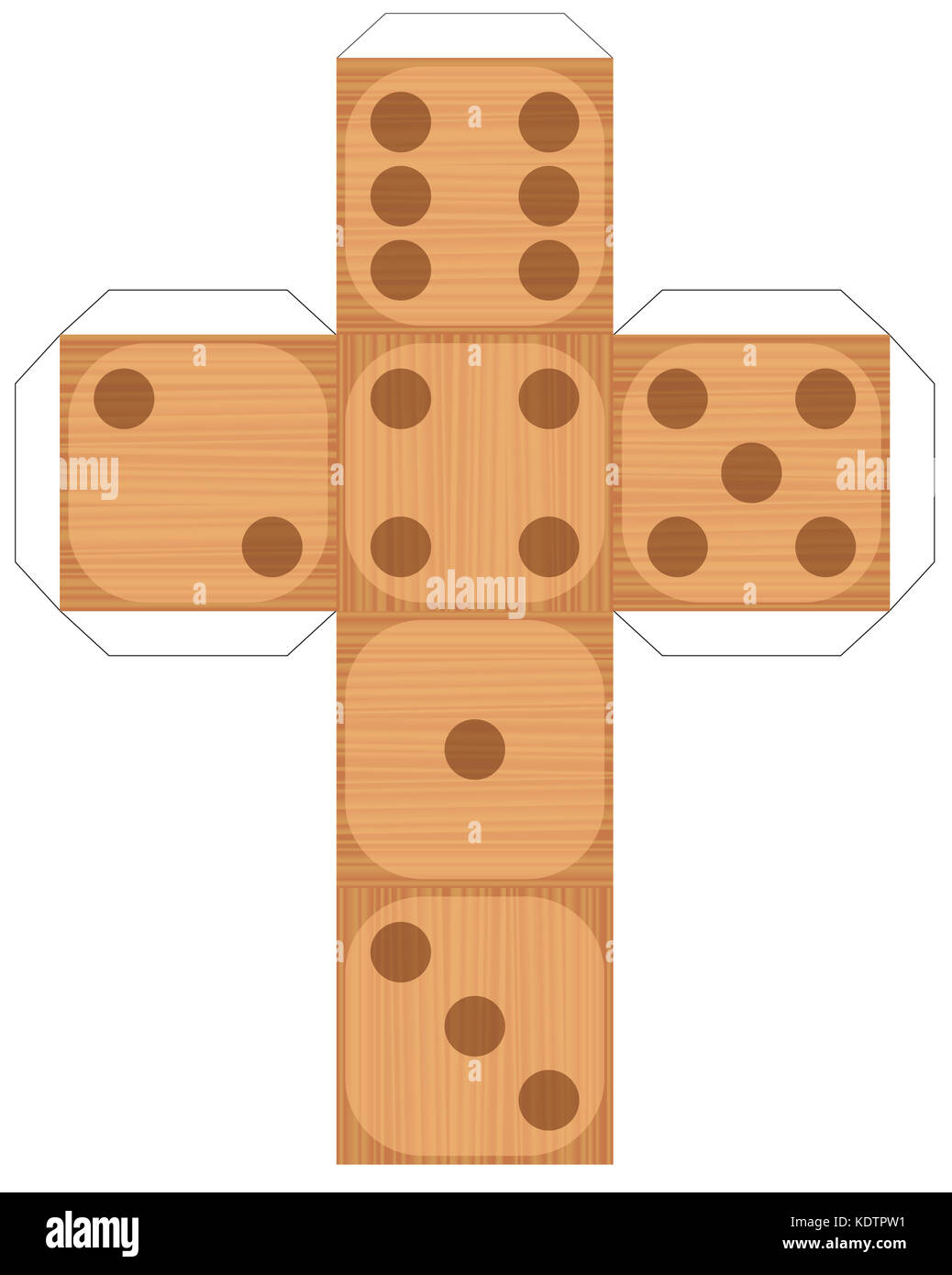 Dice template - model of a wood style cube to make a three-dimensional wooden textured handicraft work out of it. Stock Photo